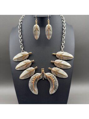 Mixed Metal Feather Boho Statement Necklace Earring Set Southwestern Chunky